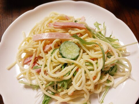 ☘️アウトドアに♪水菜ハムスパゲッティサラダ☘️